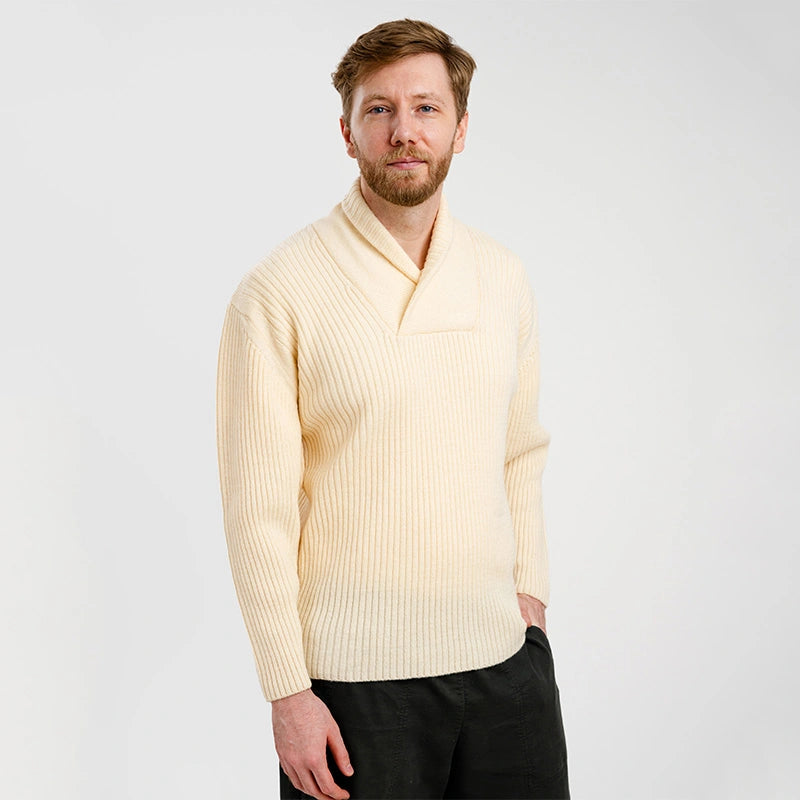 CG709-Men's Shawl Collar Fisherman Sweater, Natural Studio View Creative Irish Gifts