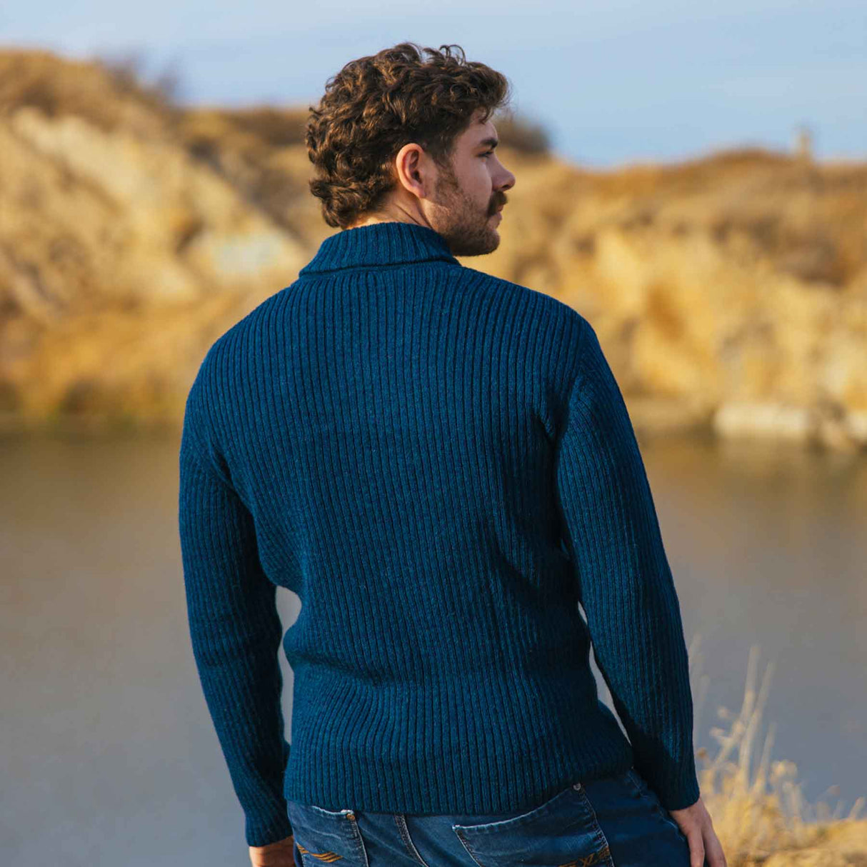 Men's Shawl Collar Fisherman Sweater, Ocean Blue - Creative Irish Gifts