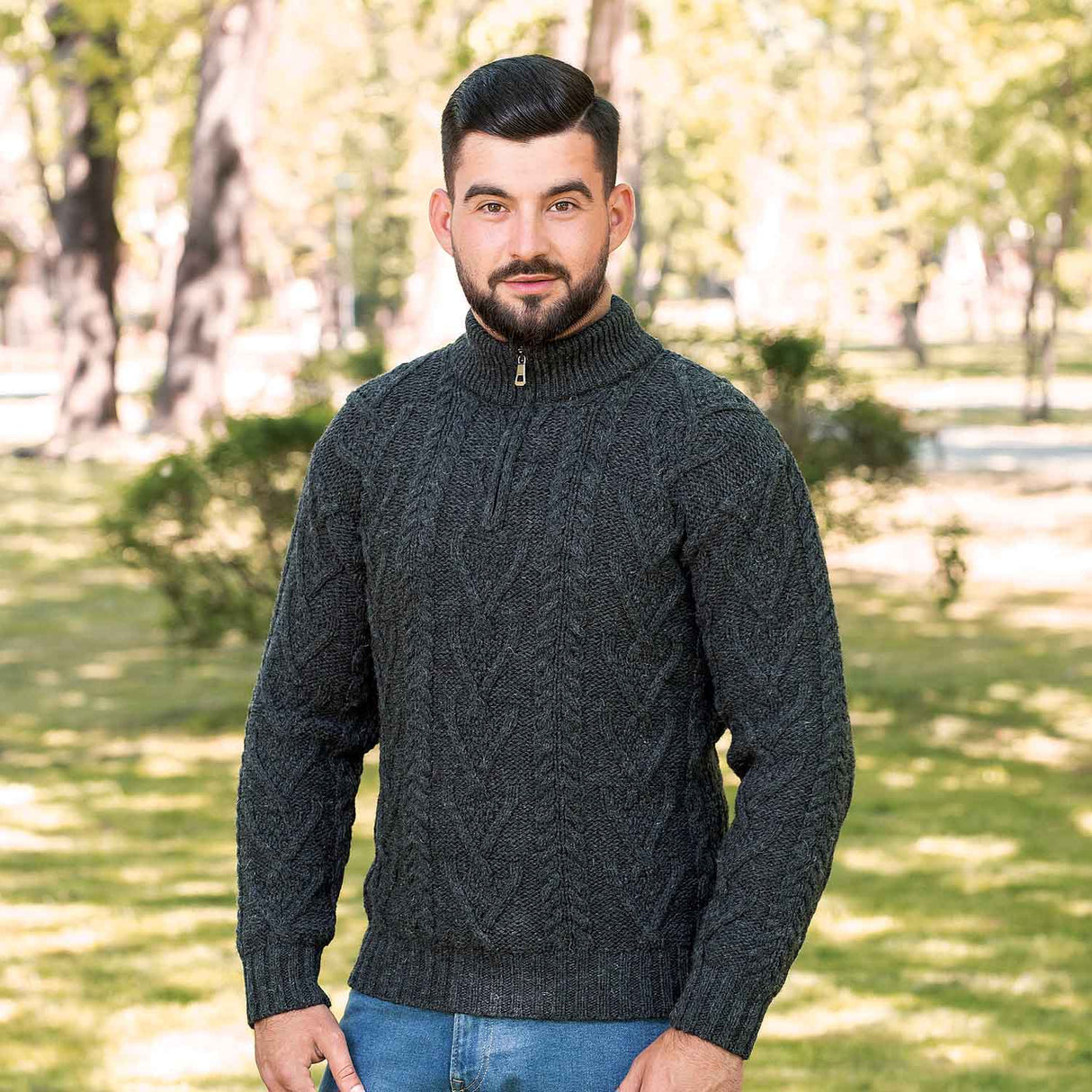 Men's Zip Neck Fisherman Sweater, Charcoal - Creative Irish Gifts