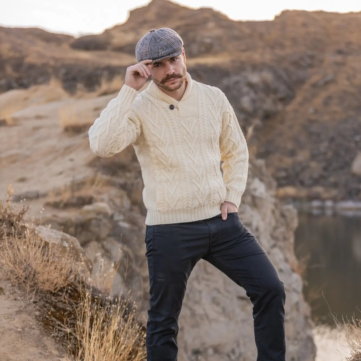 CG714 Men’s Irish Shawl Collar Single Button Sweater Natural Lifestyle Creative Irish Gifts