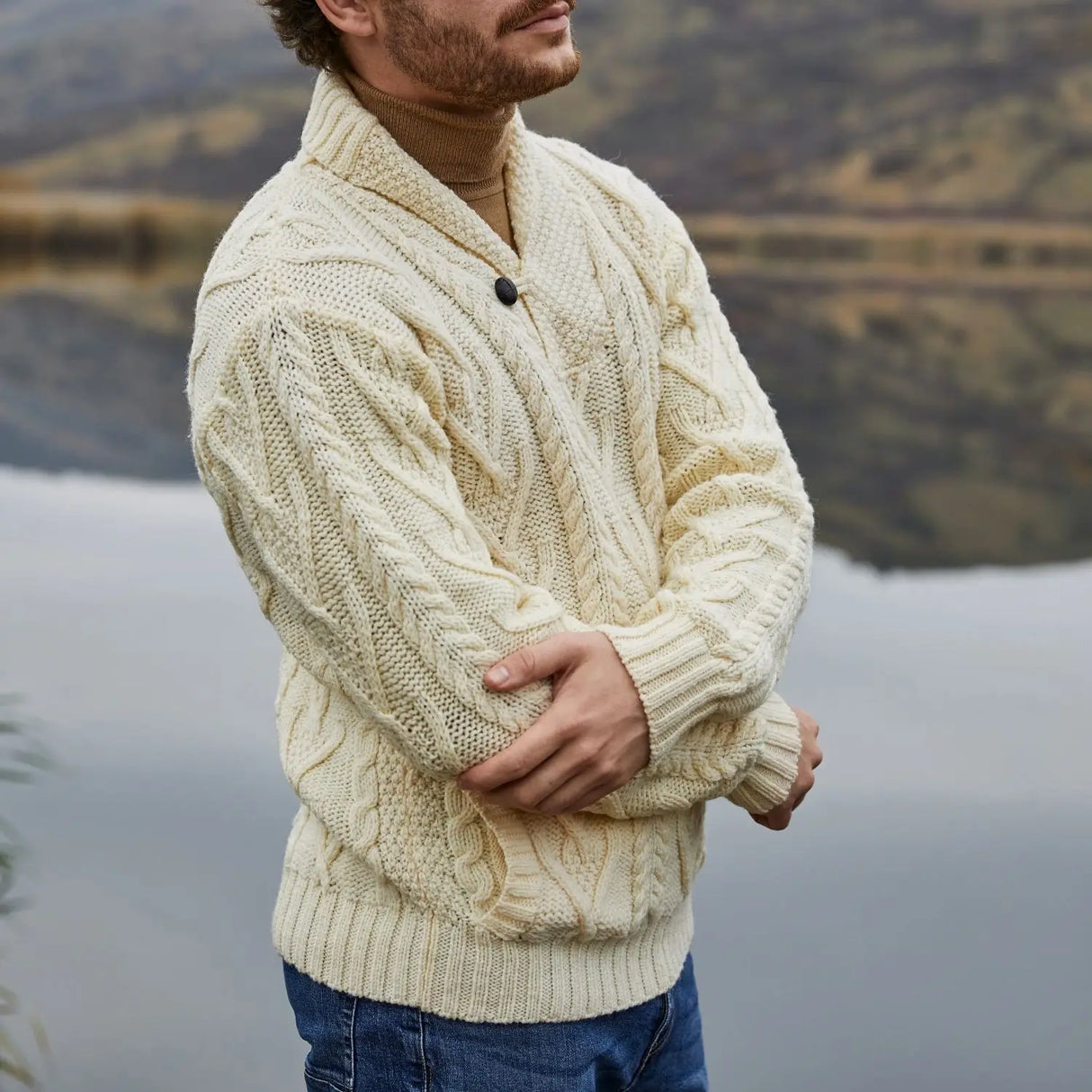 CG714 Men’s Irish Shawl Collar Single Button Sweater Natural Side Creative Irish Gifts