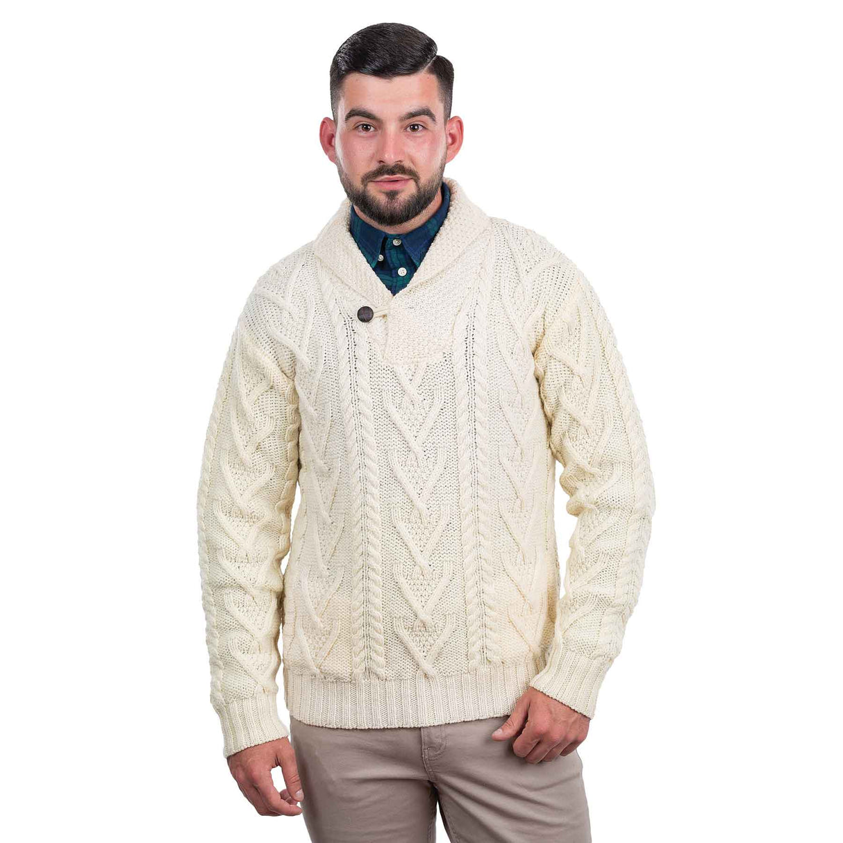 Men’s Irish Shawl Collar Single Button Sweater- Natural - Creative Irish Gifts