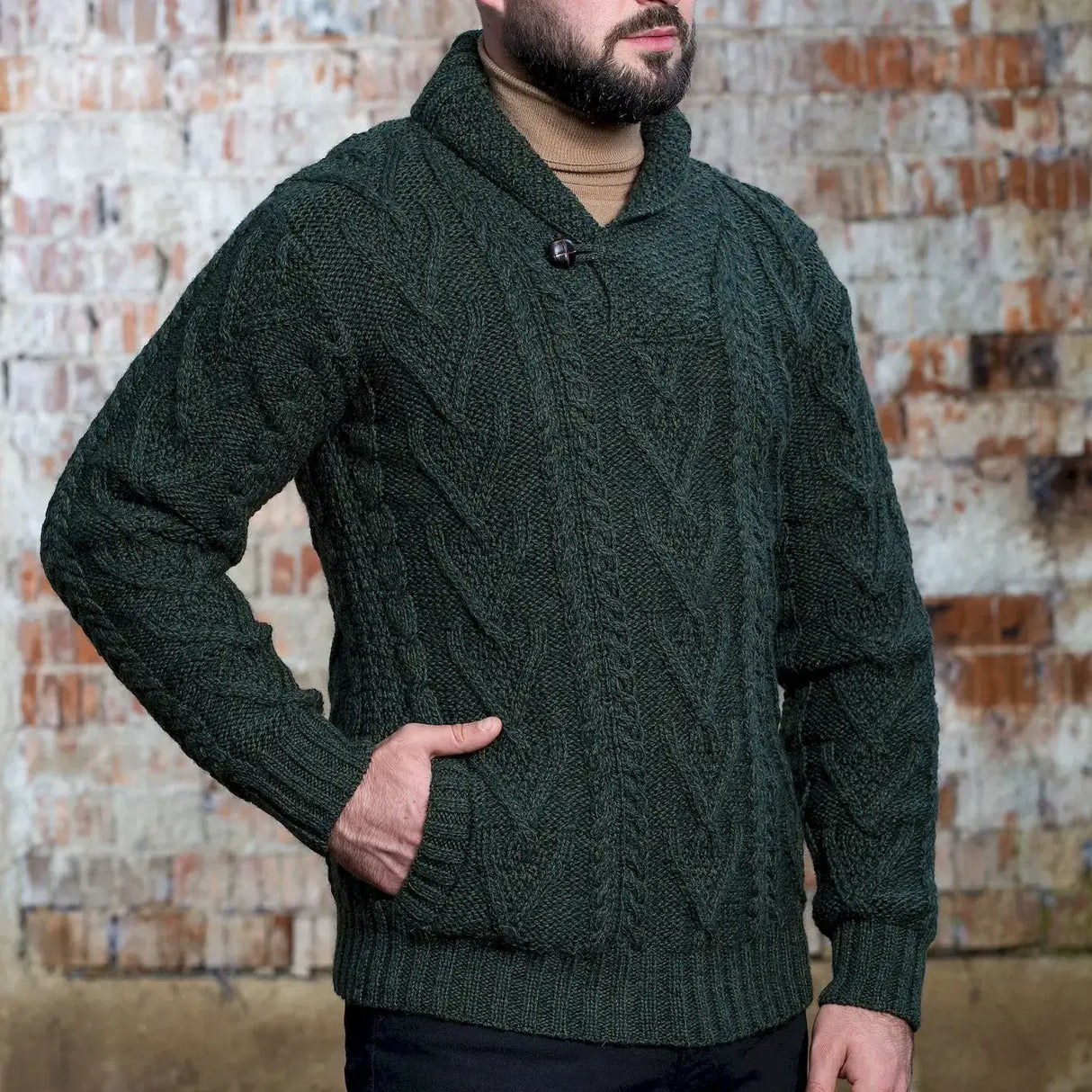 CG715 Men's Irish Shawl Collar Single Button Sweater Army Green Side Creative Irish Gifts