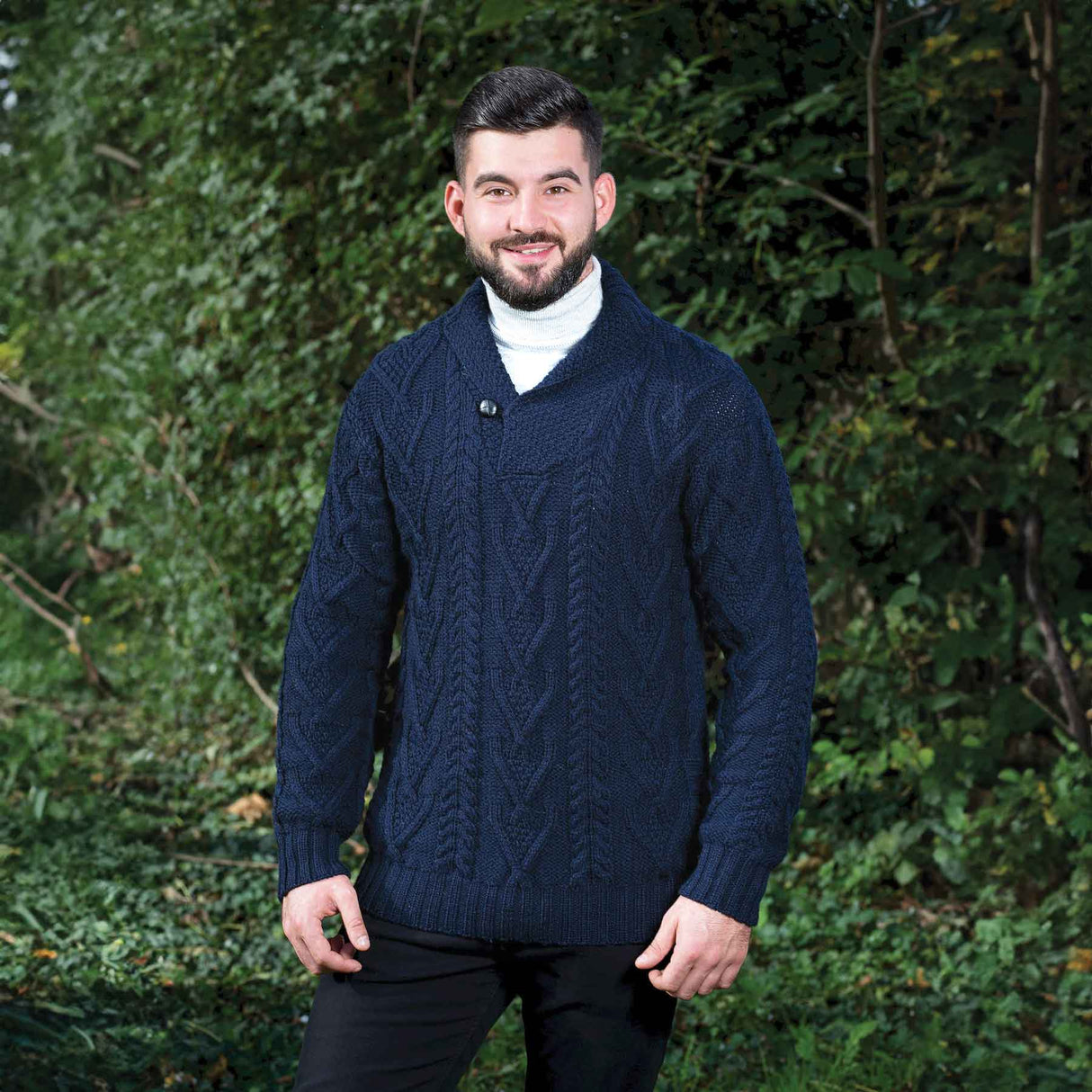 Men’s Irish Shawl Collar Single Button Sweater- Navy - Creative Irish Gifts