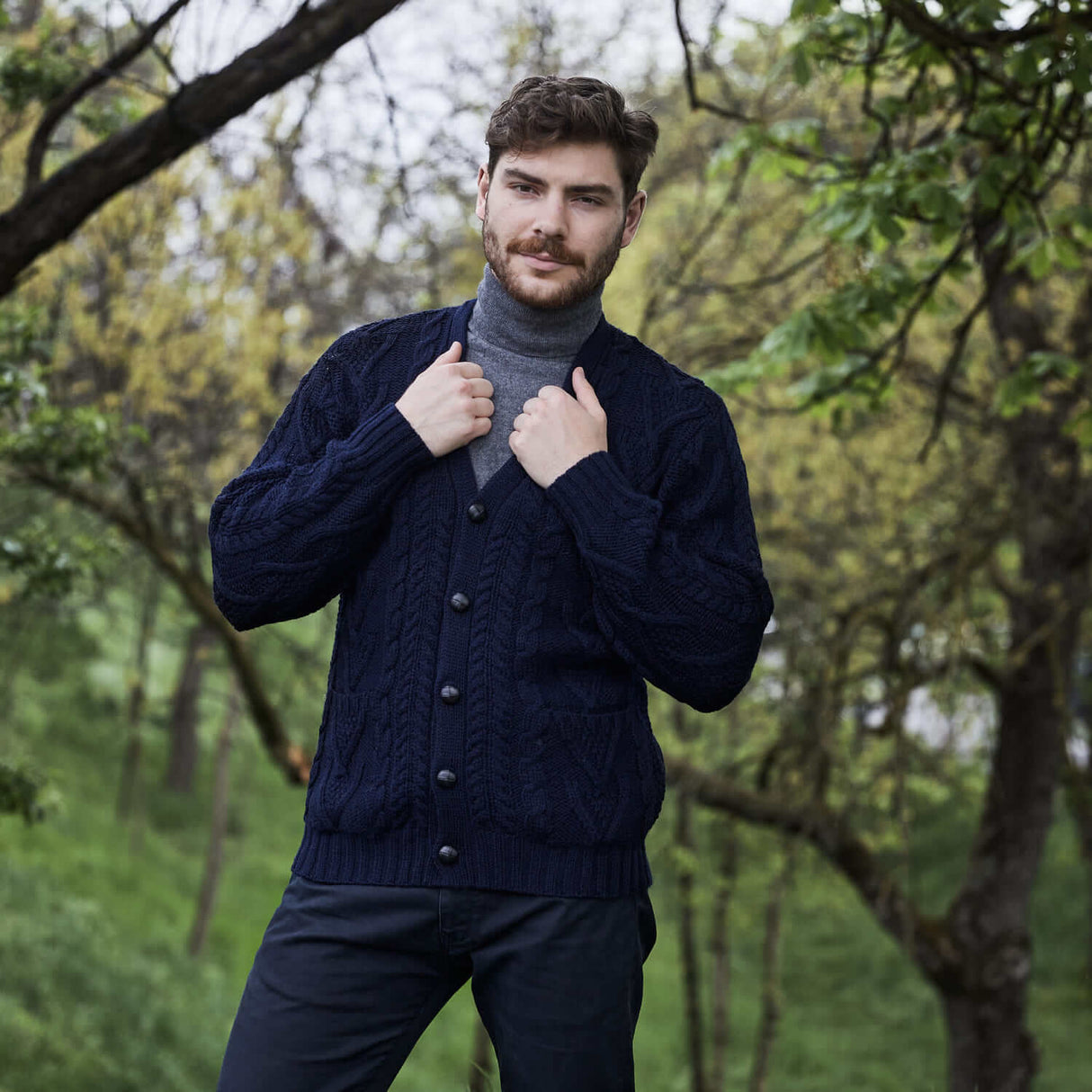 CG716 Men’s Irish Shawl Collar Single Button Sweater Navy Lifestyle View Creative Irish Gifts