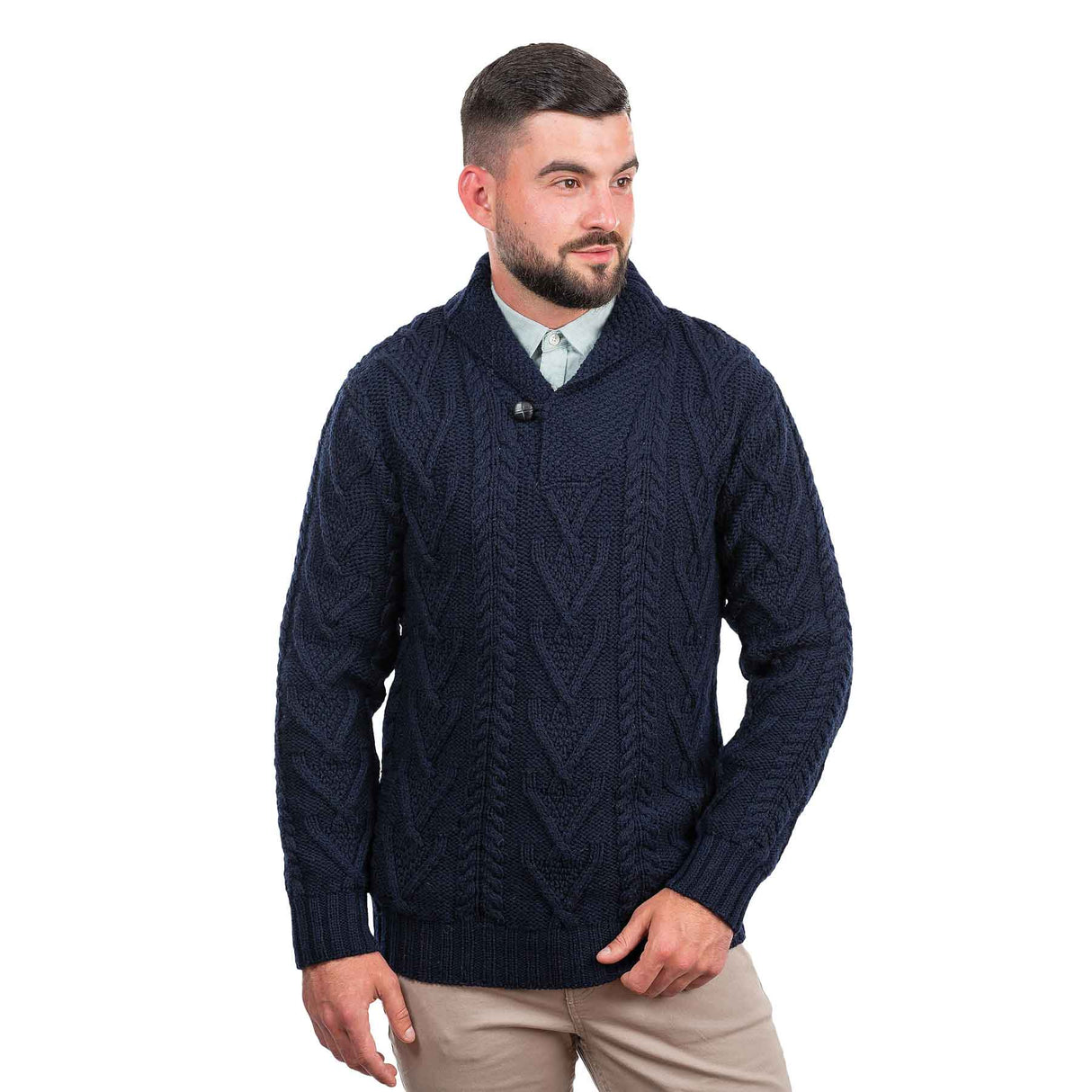 Men’s Irish Shawl Collar Single Button Sweater- Navy - Creative Irish Gifts