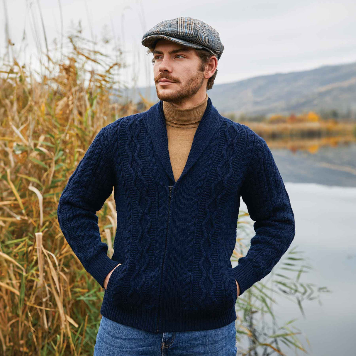 Men's Shawl Neck Zipper Knit Cardigan, Navy - Creative Irish Gifts