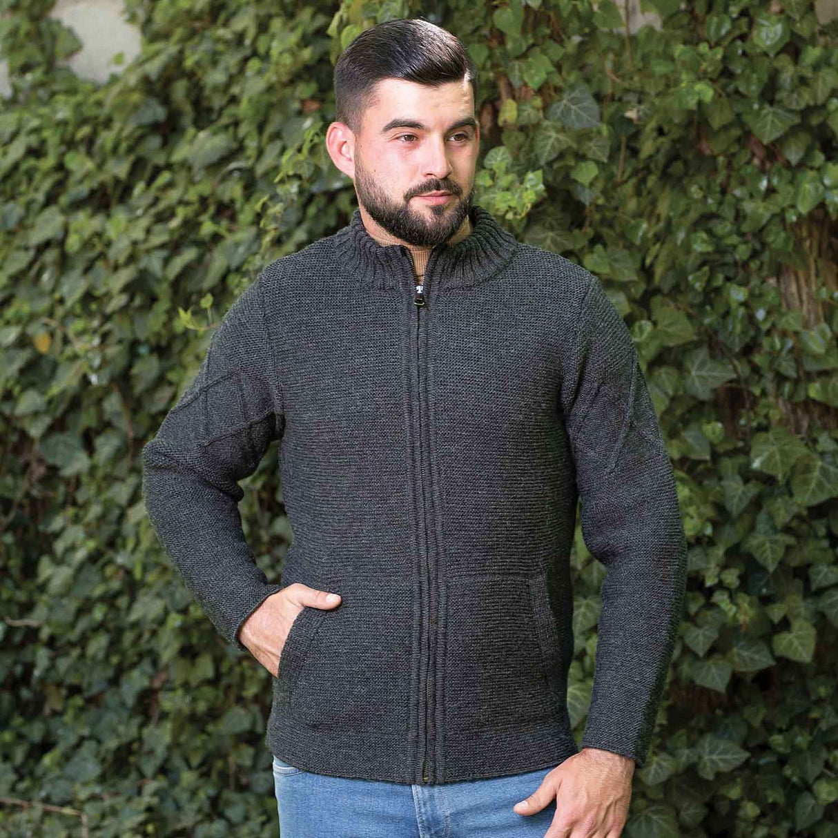 Men's Full Zip Cable Knit Cardigan, Charcoal - Creative Irish Gifts