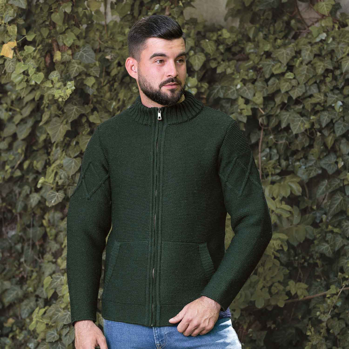 Men's Full Zip Cable Knit Cardigan, Army Green - Creative Irish Gifts