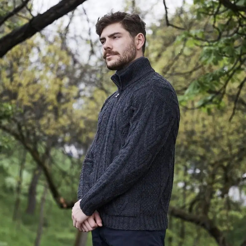 CG722 Men's Zipper Knit Cardigan, Charcoal Side View Creative Irish Gifts