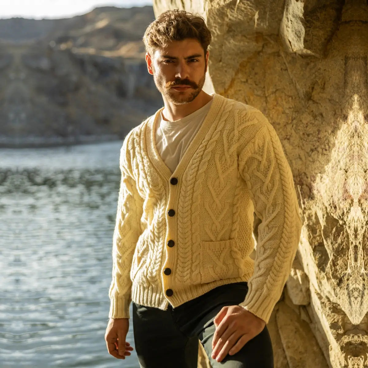 CG726 Men's V-Neck Cable Cardigan Natural Lifestyle View Creative Irish Gifts