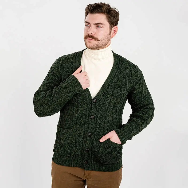 CG727 Men's V-Neck Cable Cardigan, Army Green Lifestyle Creative Irish Gifts