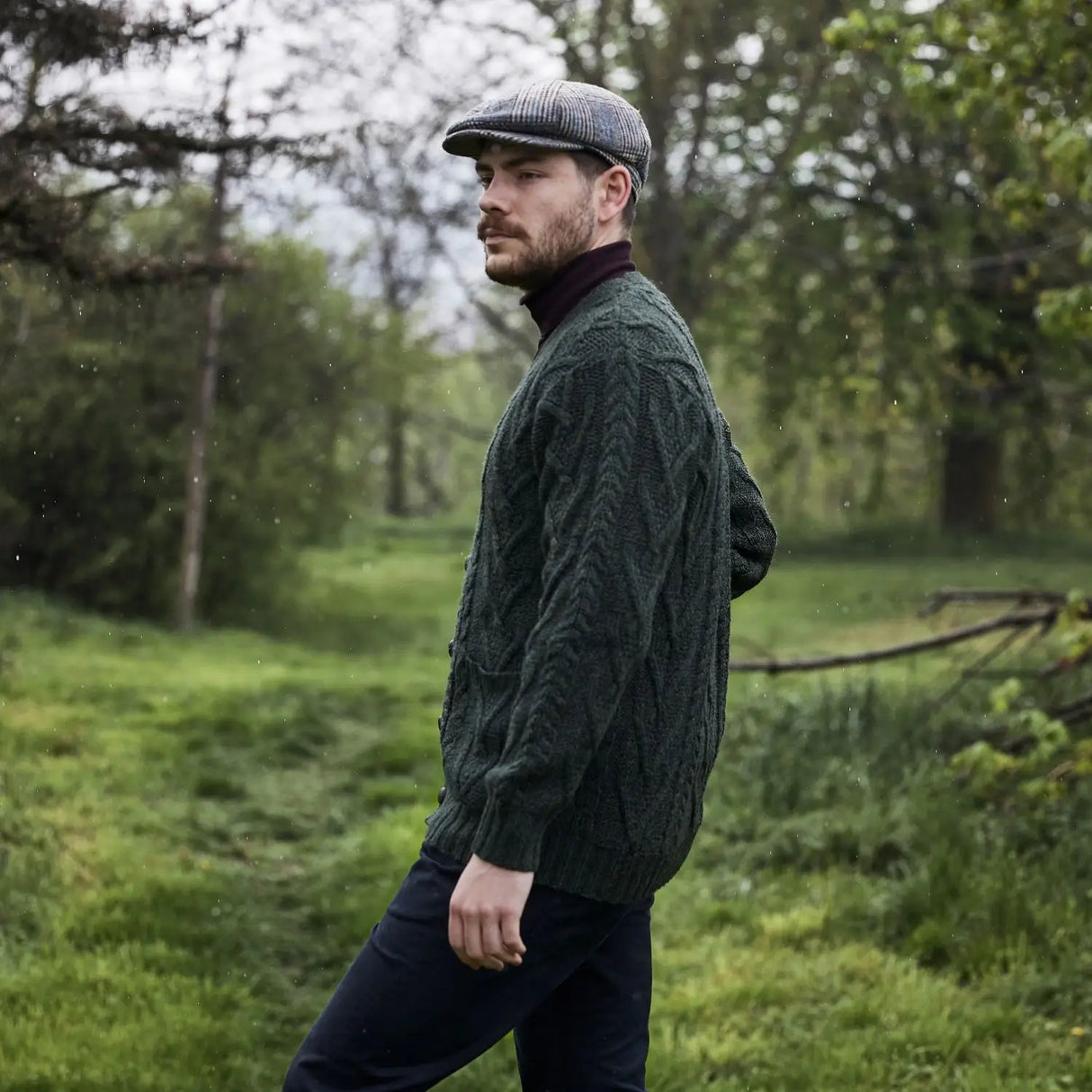 CG727 Men's V-Neck Cable Cardigan, Army Green Side Creative Irish Gifts