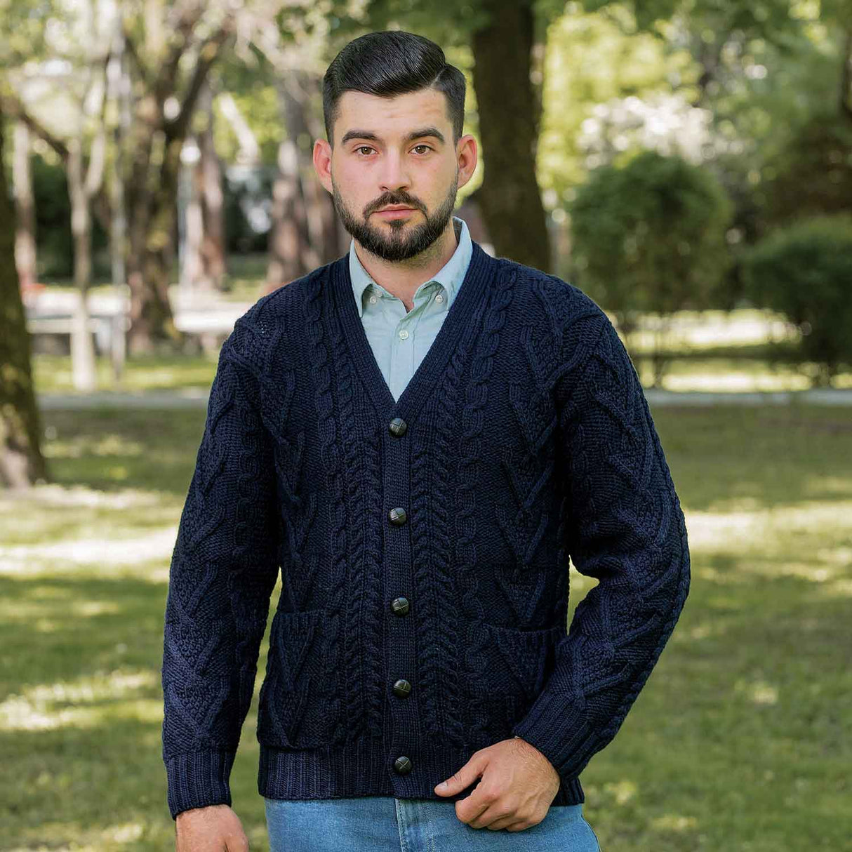 Men's V-Neck Cable Cardigan, Navy - Creative Irish Gifts