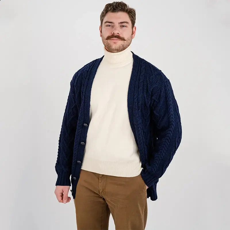 CG728 Men's V-Neck Cable Cardigan, Navy Studio Creative Irish Gifts