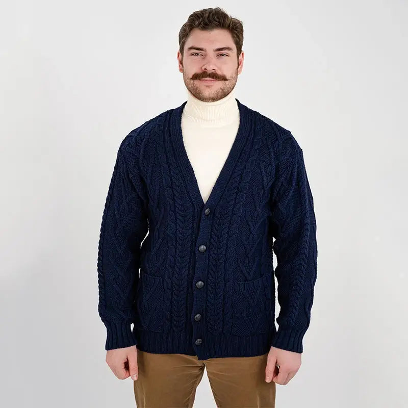 CG728 Men's V-Neck Cable Cardigan, Navy Studio Front Creative Irish Gifts