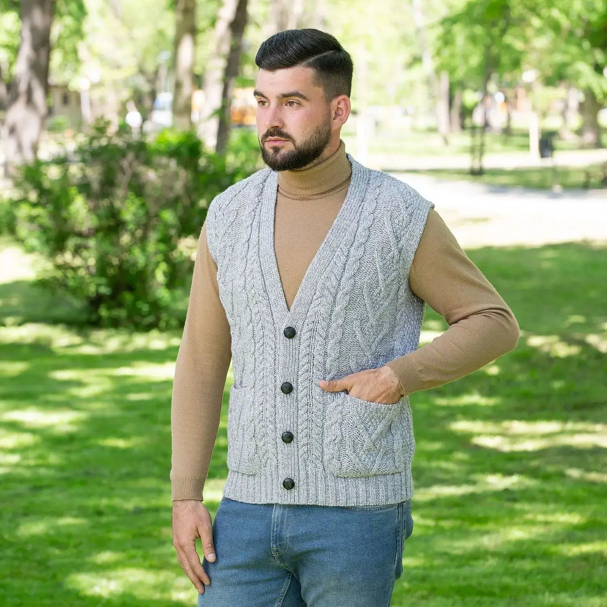 CG731 Men's Aran Knit Vest Grey Lifestyle Creative Irish Gifts