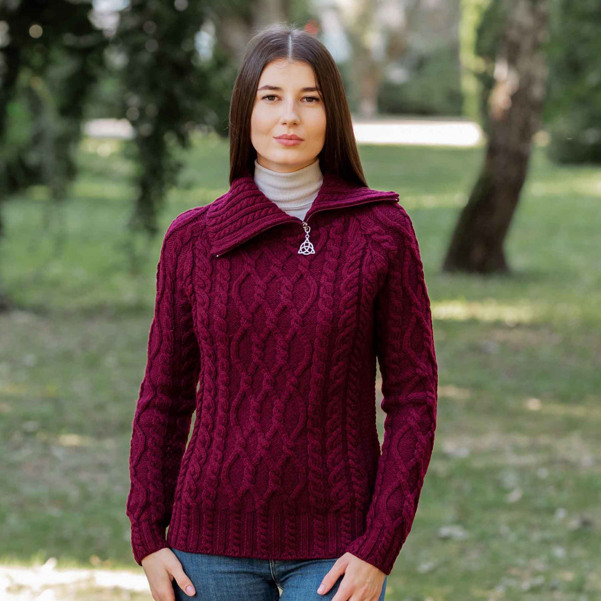 Women's Zipper Neck Aran Knit Sweater, Wine - Creative Irish Gifts