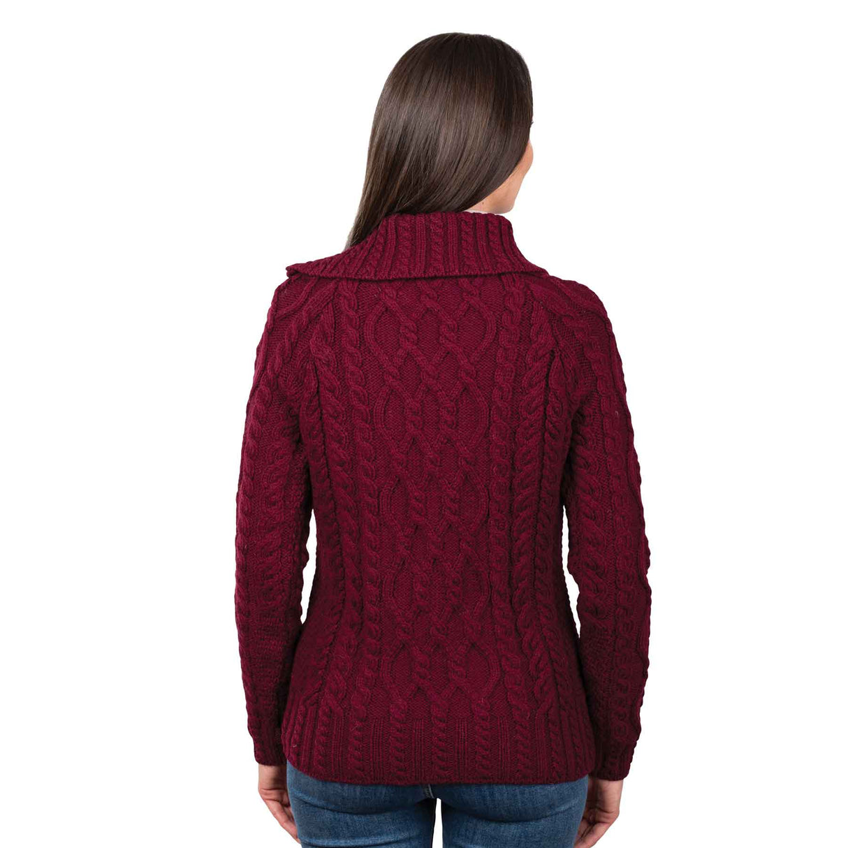 Women's Zipper Neck Aran Knit Sweater, Wine - Creative Irish Gifts