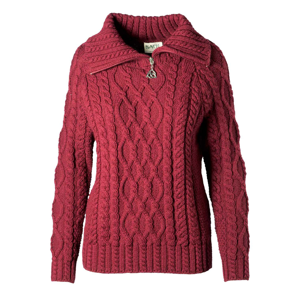Women's Zipper Neck Aran Knit Sweater, Wine - Creative Irish Gifts