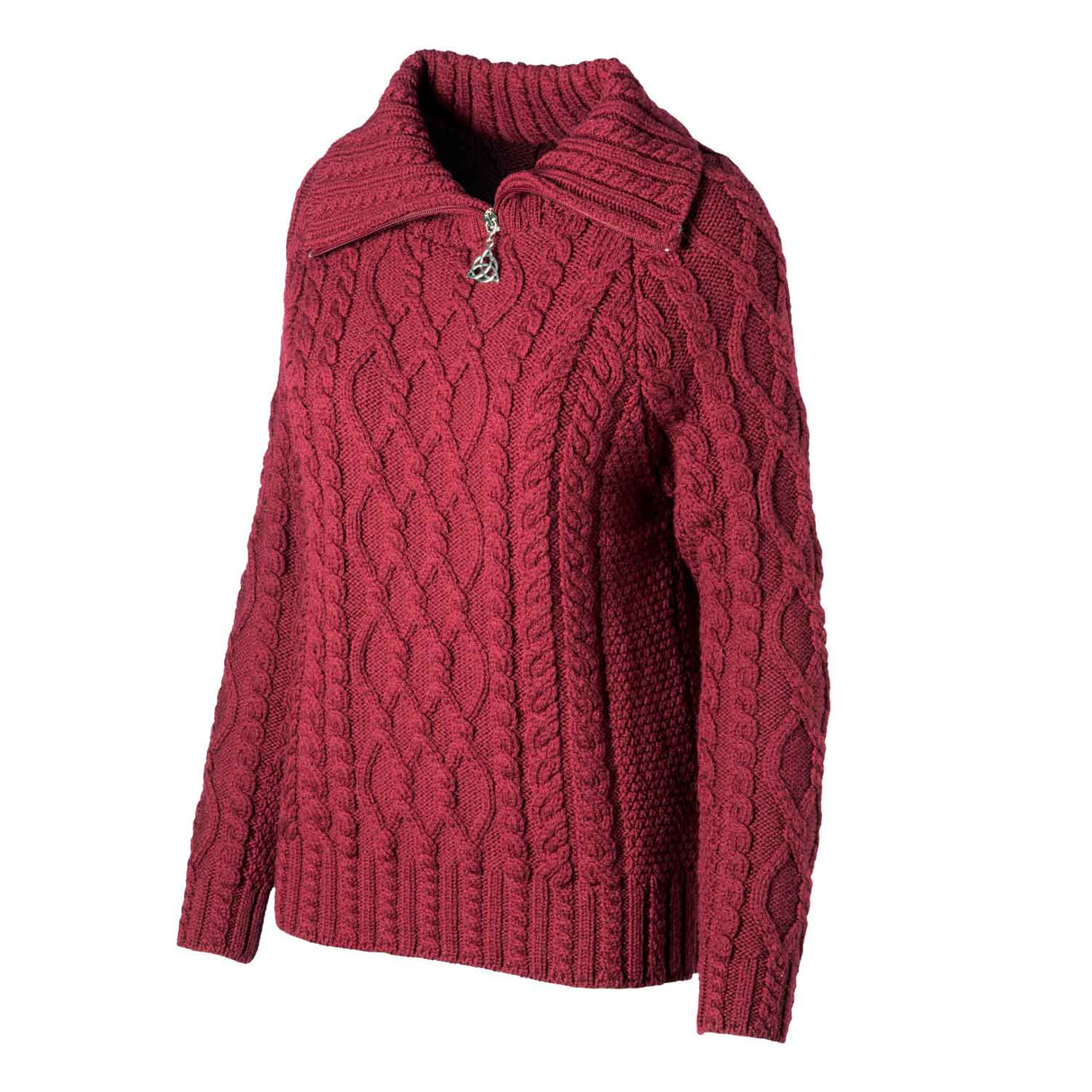 Women's Zipper Neck Aran Knit Sweater, Wine - Creative Irish Gifts