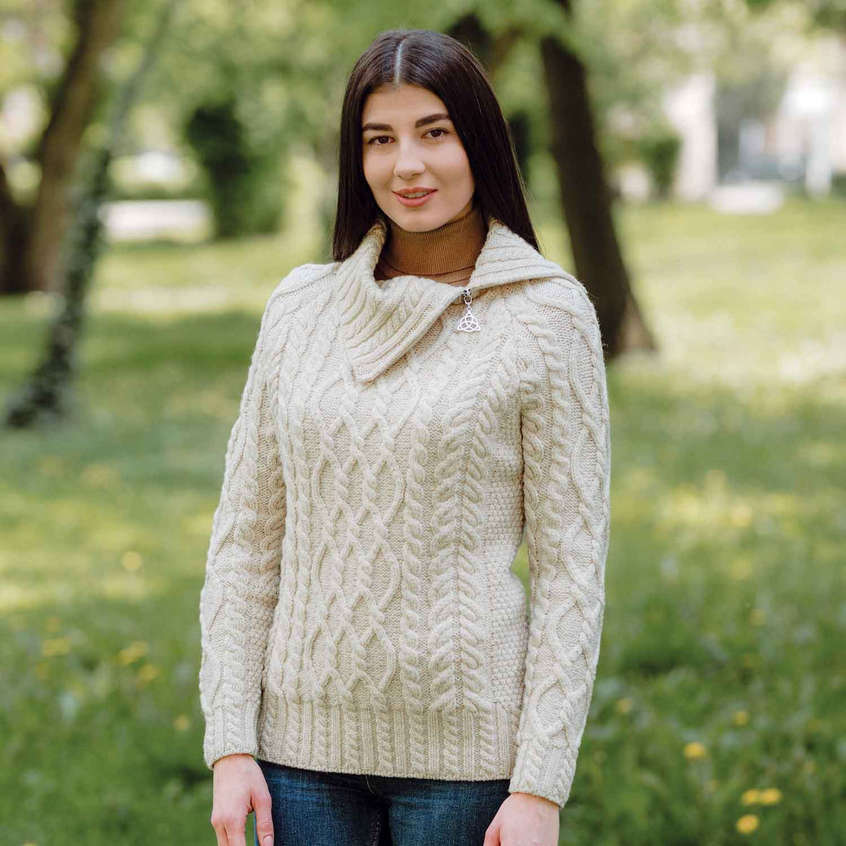 Women's Zipper Neck Aran Knit Sweater, Parsnip - Creative Irish Gifts