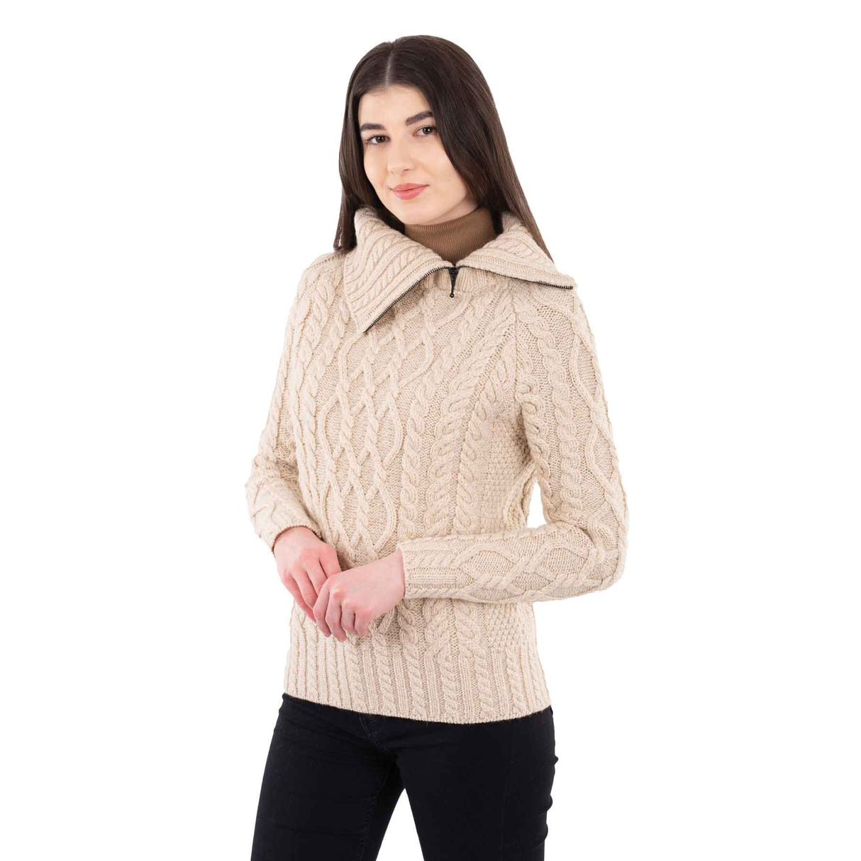 Women's Zipper Neck Aran Knit Sweater, Parsnip - Creative Irish Gifts