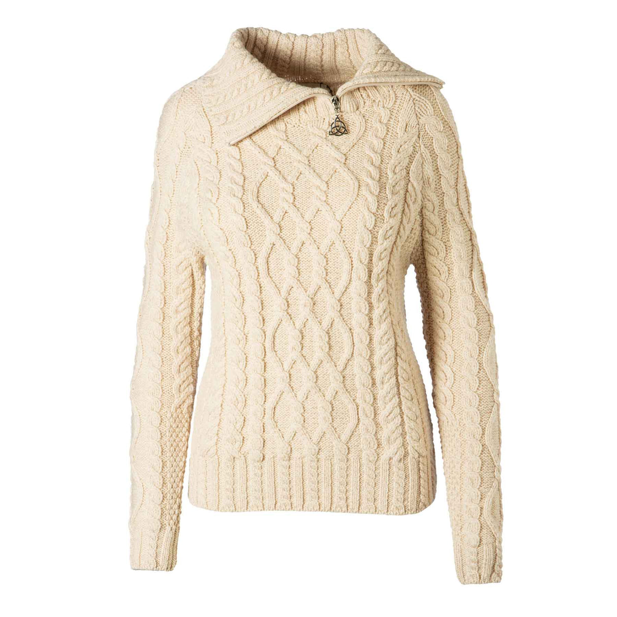Women's Zipper Neck Aran Knit Sweater, Parsnip - Creative Irish Gifts
