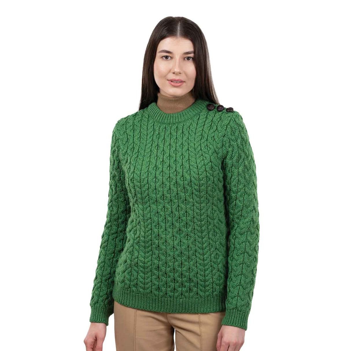 Women's Aran Knit Side Button Sweater, Green - Creative Irish Gifts