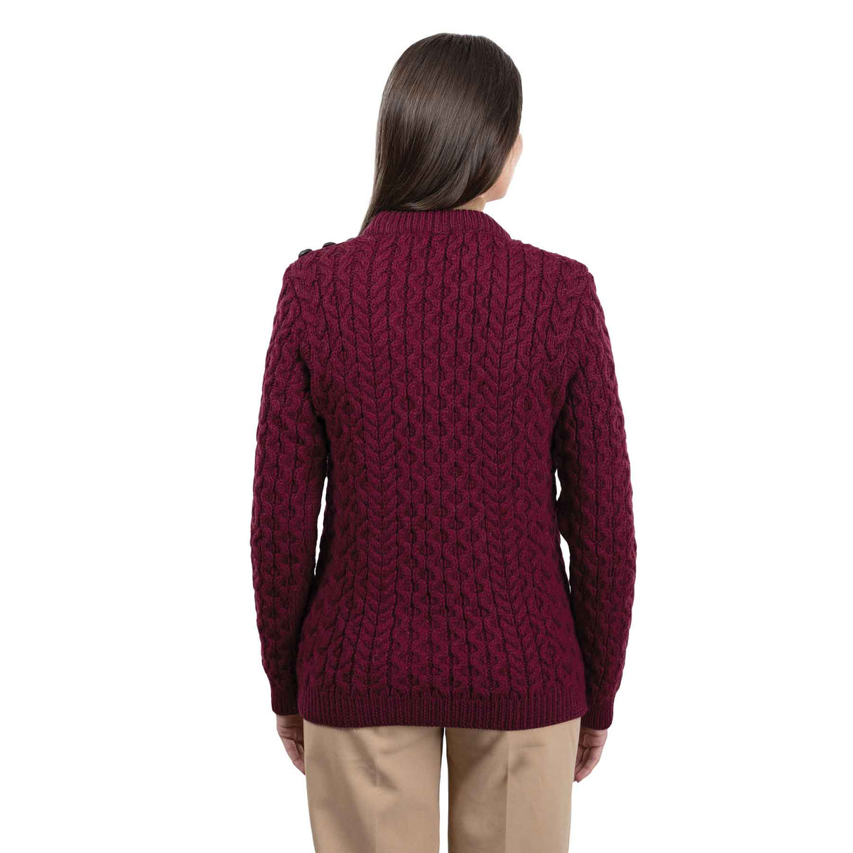 Women's Aran Knit Side Button Sweater, Wine - Creative Irish Gifts
