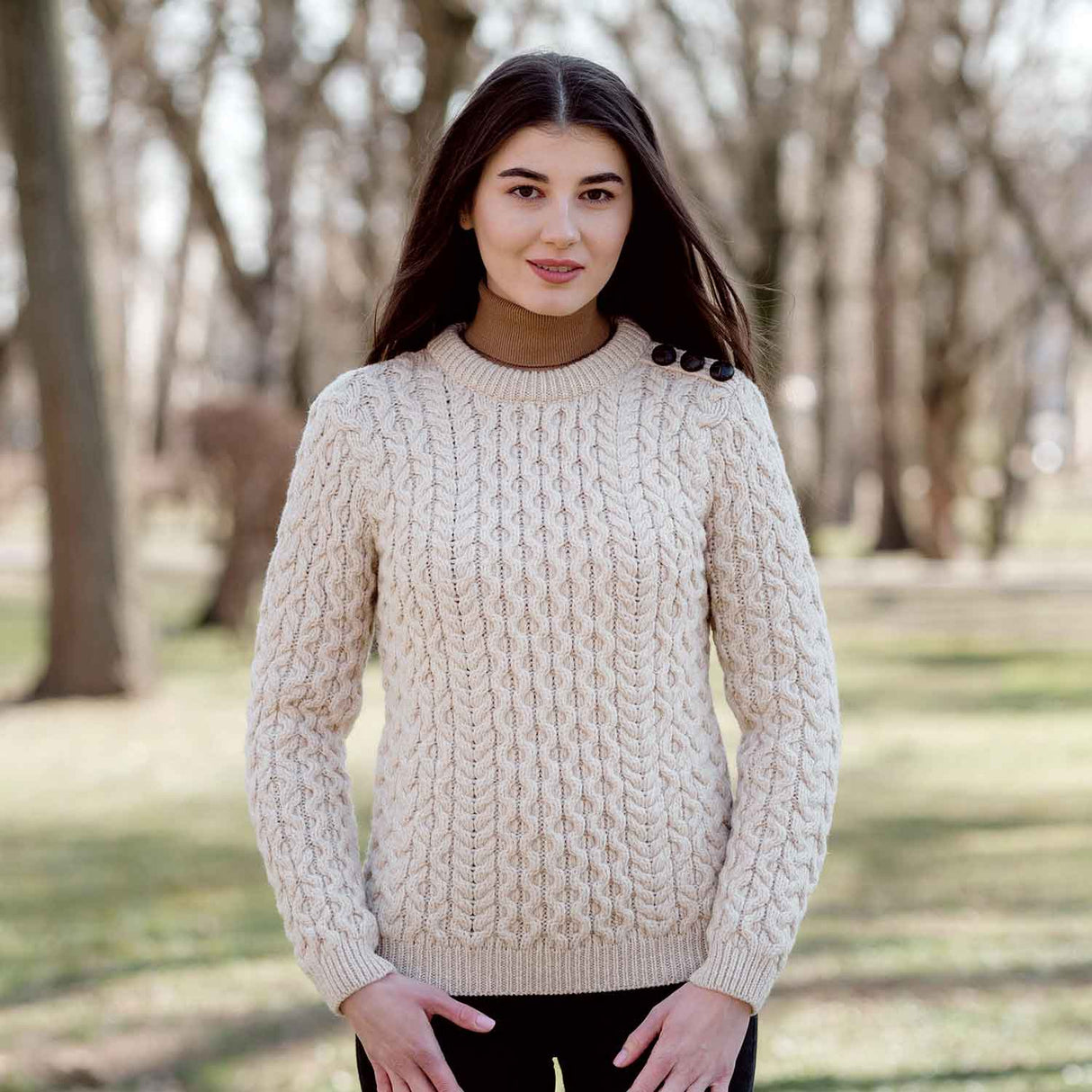 Women's Aran Knit Side Button Sweater, Parsnip - Creative Irish Gifts