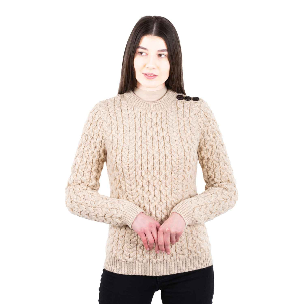 Women's Aran Knit Side Button Sweater, Parsnip - Creative Irish Gifts