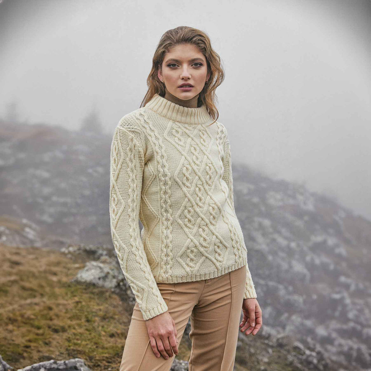 Women's Aran Cable Knit Sweater, Natural - Creative Irish Gifts