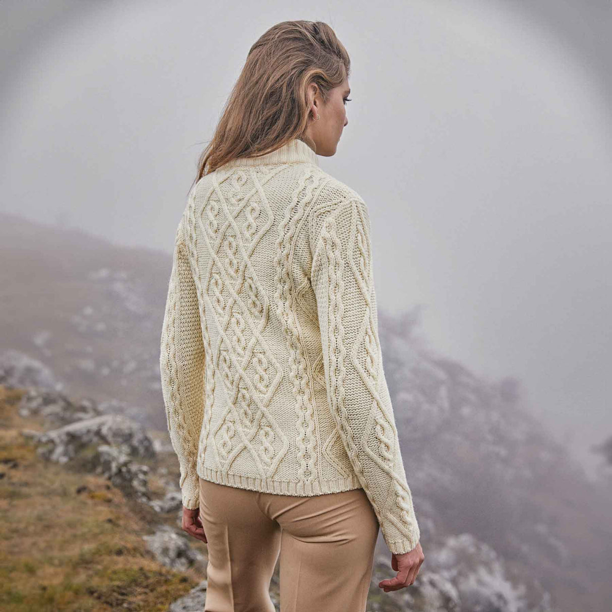 Women's Aran Cable Knit Sweater, Natural - Creative Irish Gifts