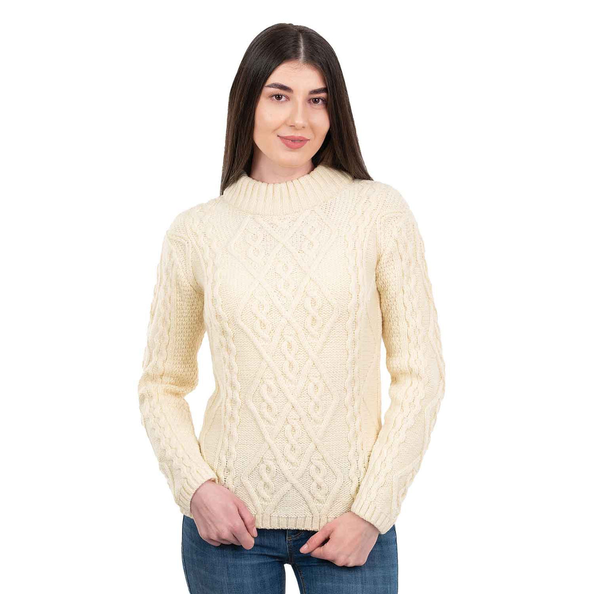 Women's Aran Cable Knit Sweater, Natural - Creative Irish Gifts