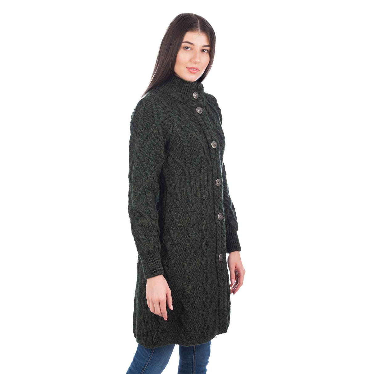 Women's Aran Cable Knit Signature Coat, Army Green - Creative Irish Gifts