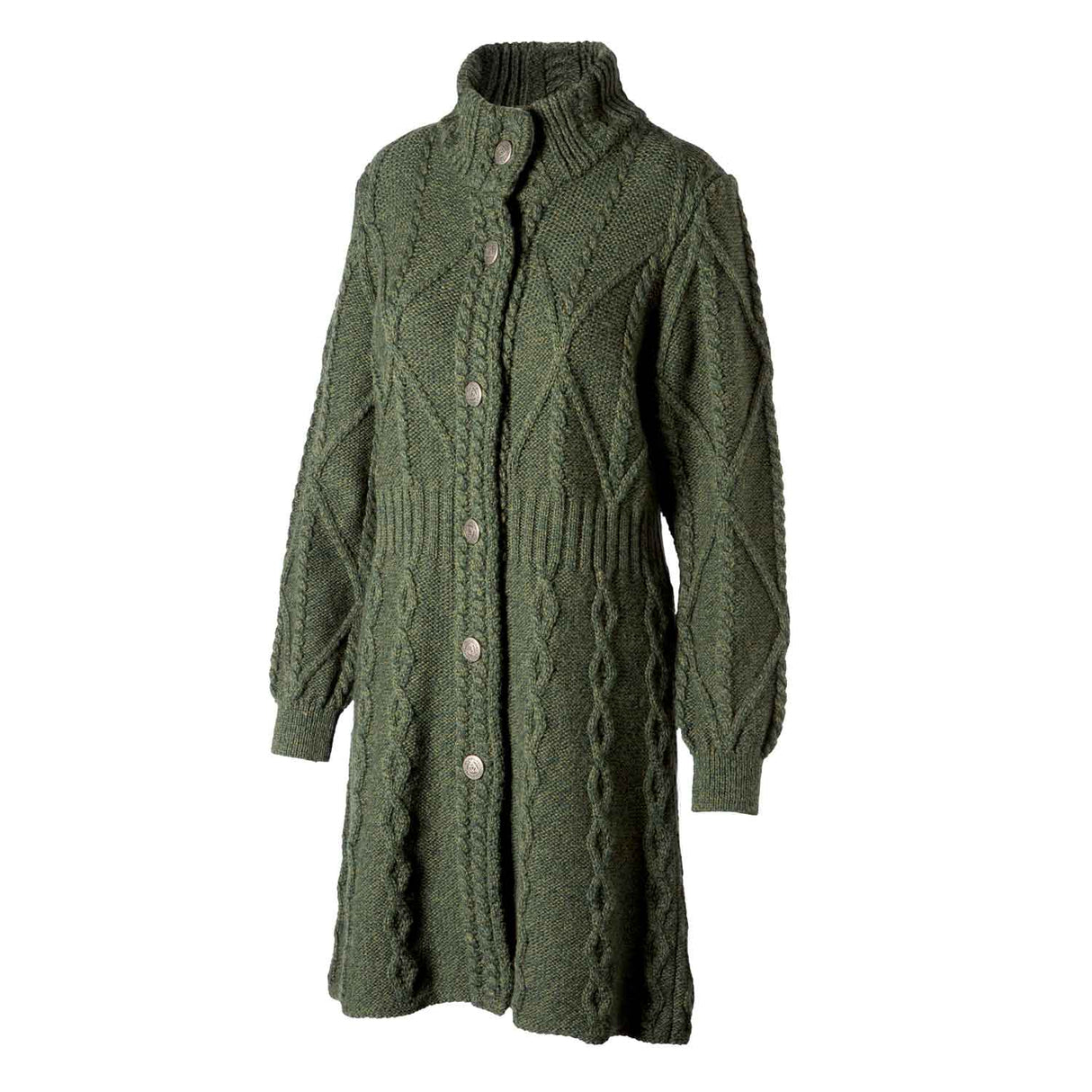 Women's Aran Cable Knit Signature Coat, Army Green - Creative Irish Gifts