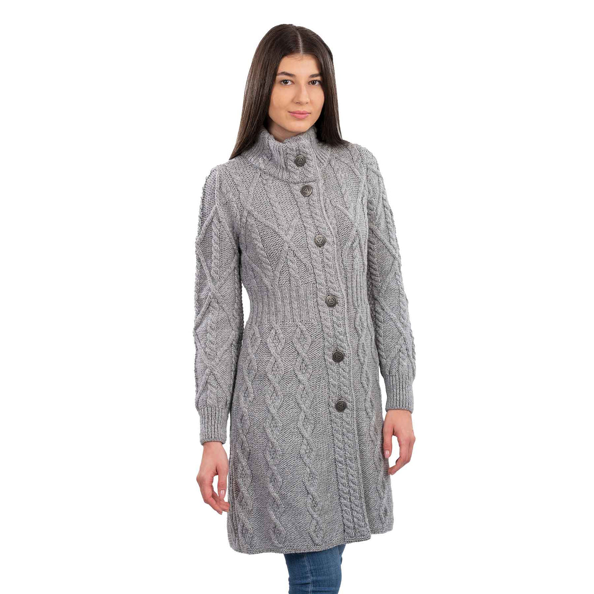 Women's Aran Cable Knit Signature Coat, Grey - Creative Irish Gifts
