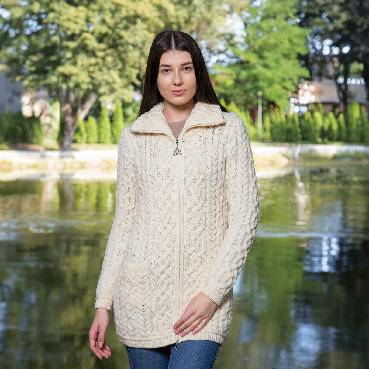 Women's Aran Knit Zip Cardigan, Natural - Creative Irish Gifts