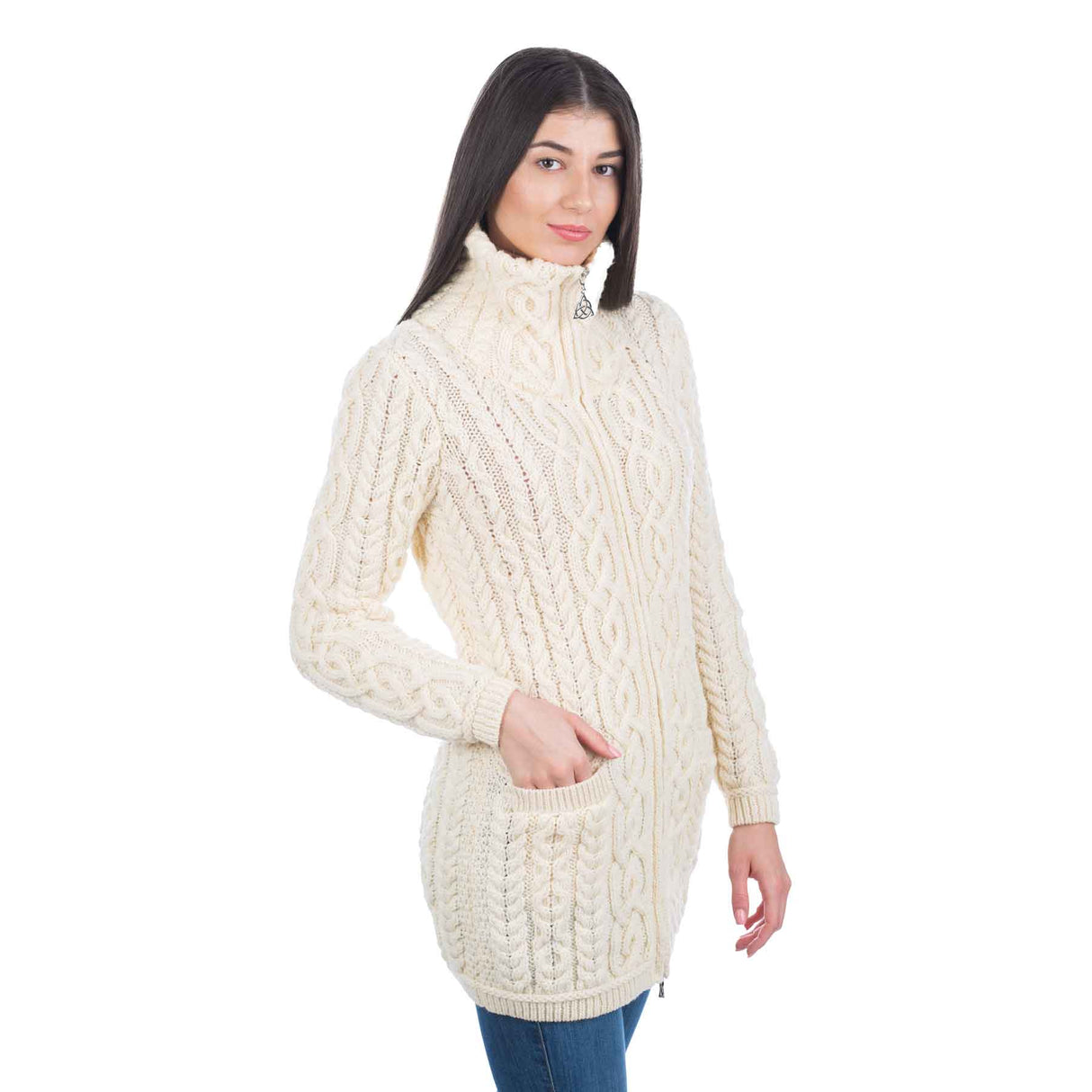 Women's Aran Knit Zip Cardigan, Natural - Creative Irish Gifts