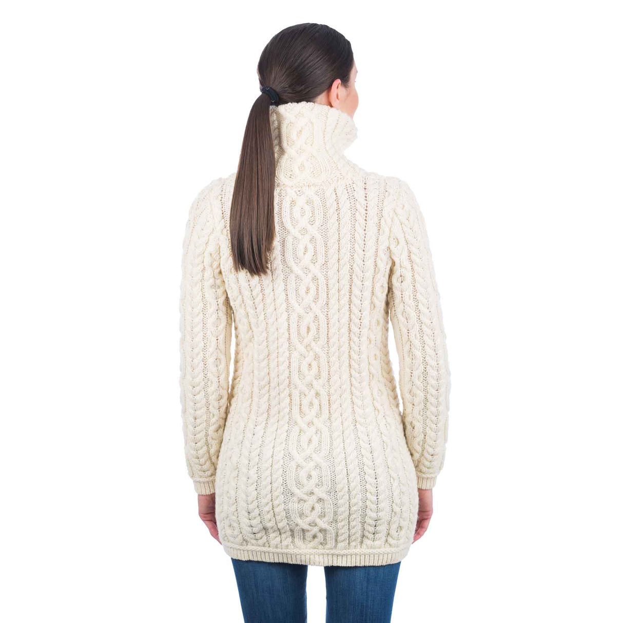 Women's Aran Knit Zip Cardigan, Natural - Creative Irish Gifts Back View