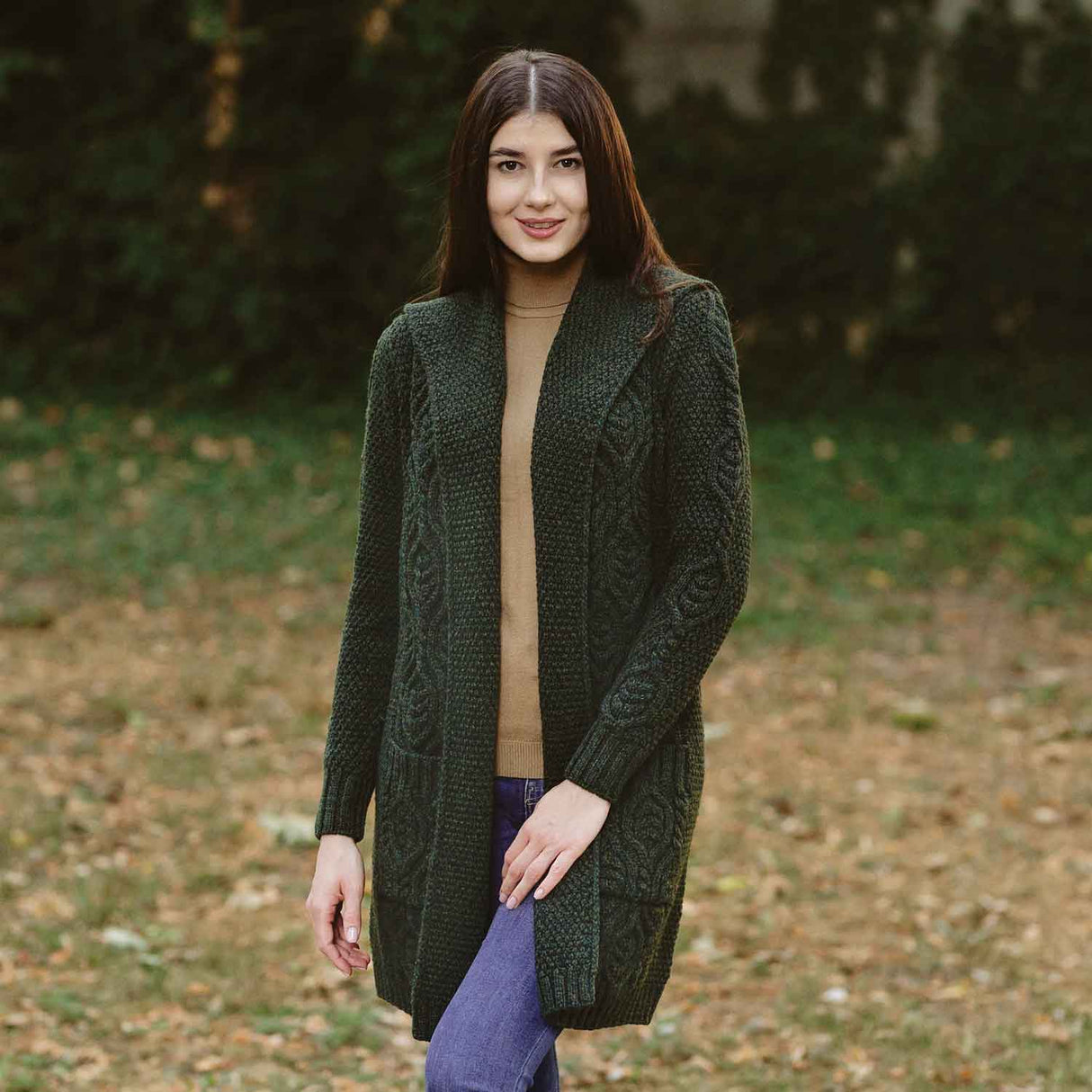 Women's Aran Knit Hooded Long Cardigan, Army Green - Creative Irish Gifts