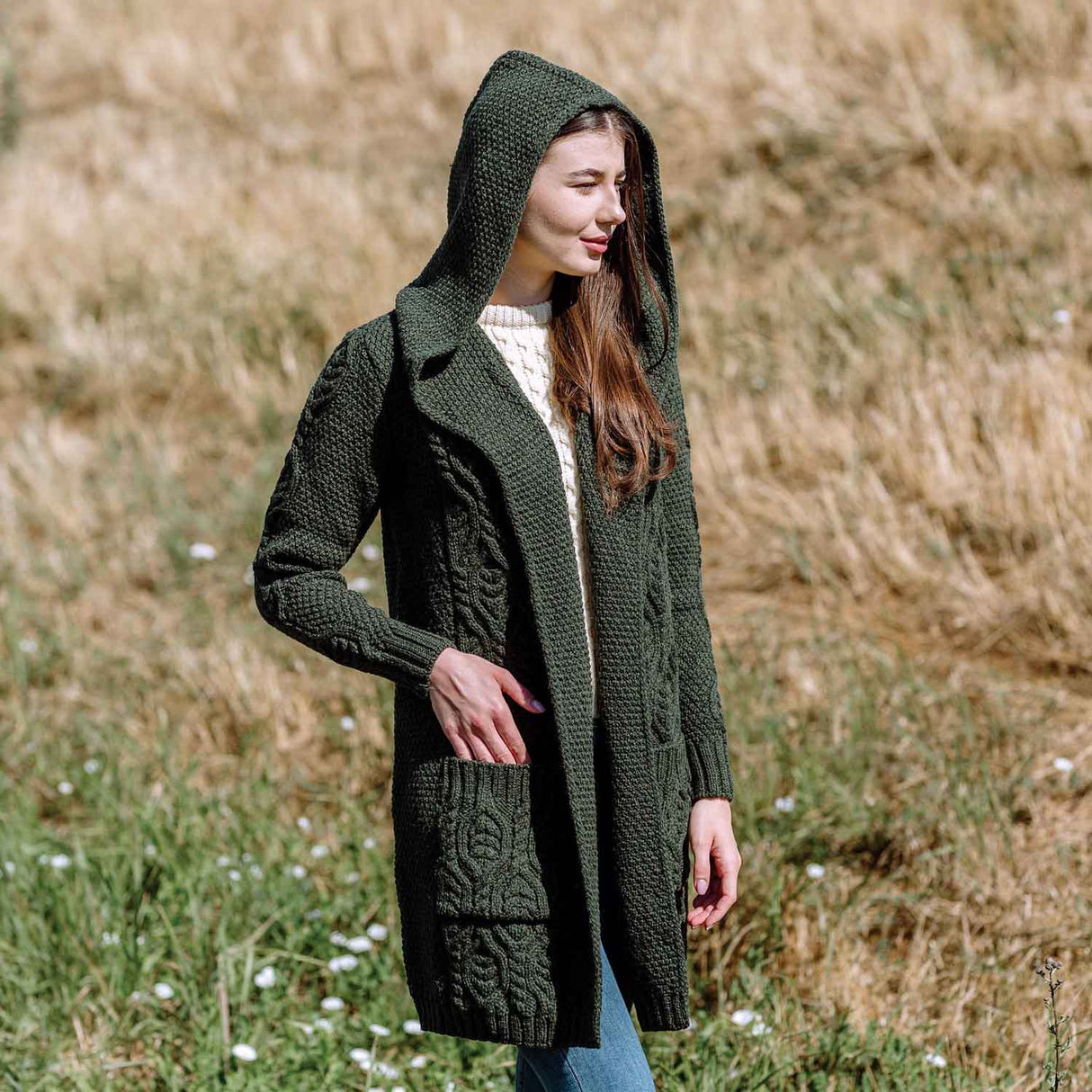 Women's Aran Knit Hooded Long Cardigan, Army Green - Creative Irish Gifts