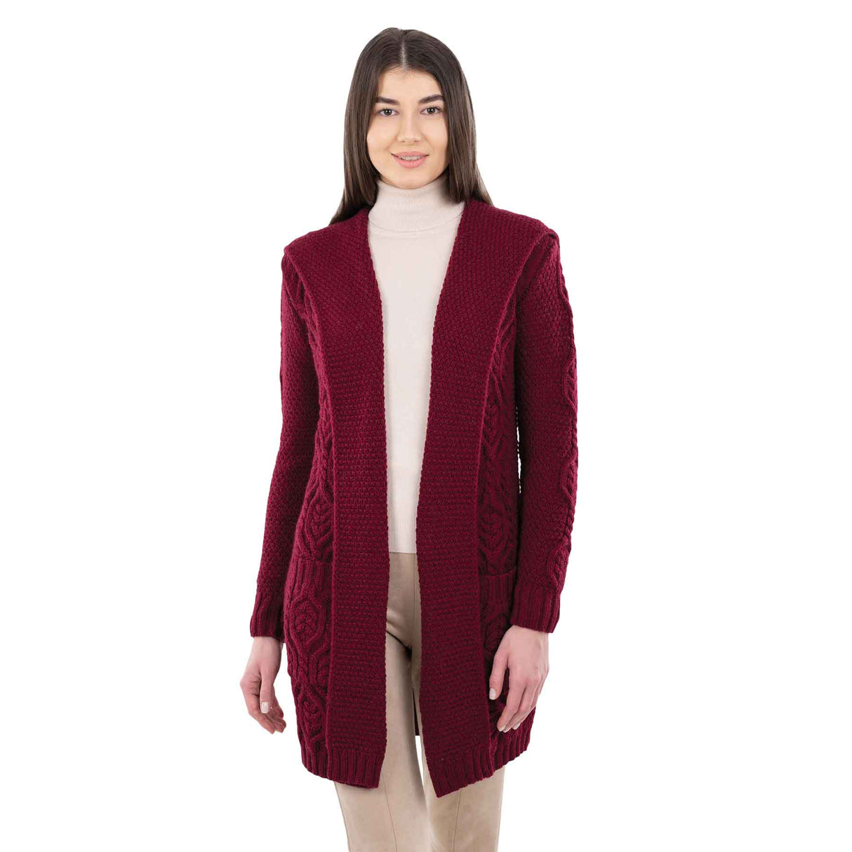 Women's Aran Knit Hooded Long Cardigan, Wine - Creative Irish Gifts