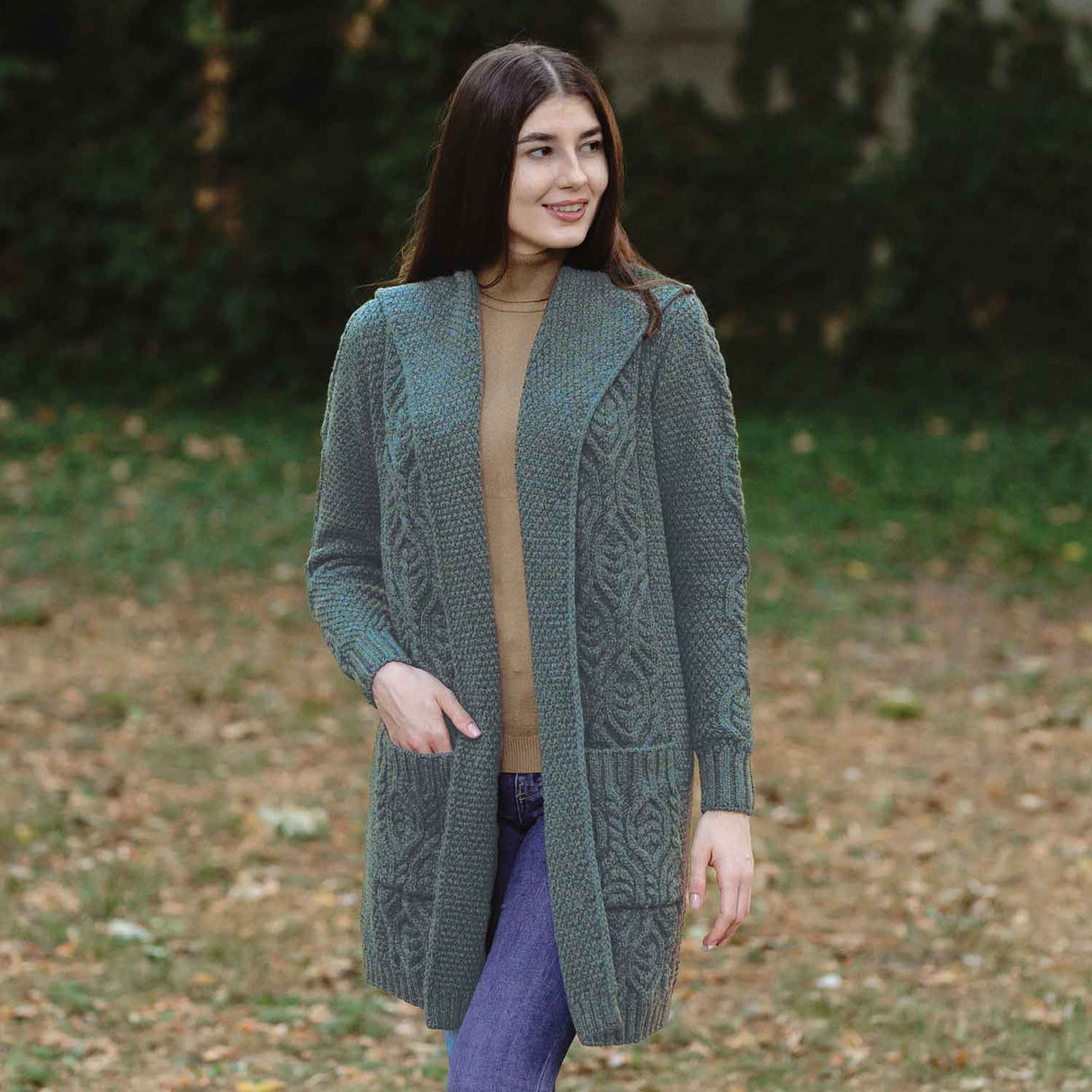 Women's Aran Knit Hooded Long Cardigan, Skylight - Creative Irish Gifts