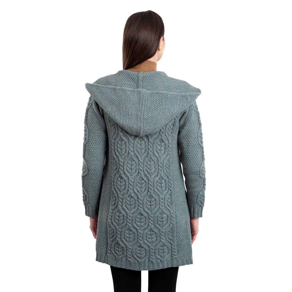 Women's Aran Knit Hooded Long Cardigan, Skylight - Creative Irish Gifts