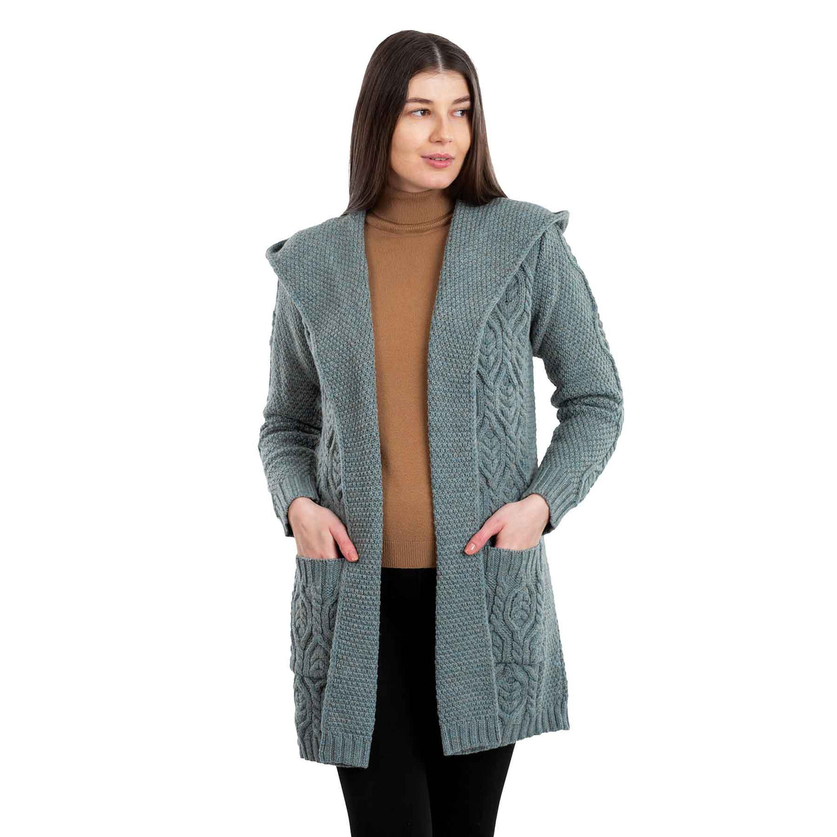 Women's Aran Knit Hooded Long Cardigan, Skylight - Creative Irish Gifts