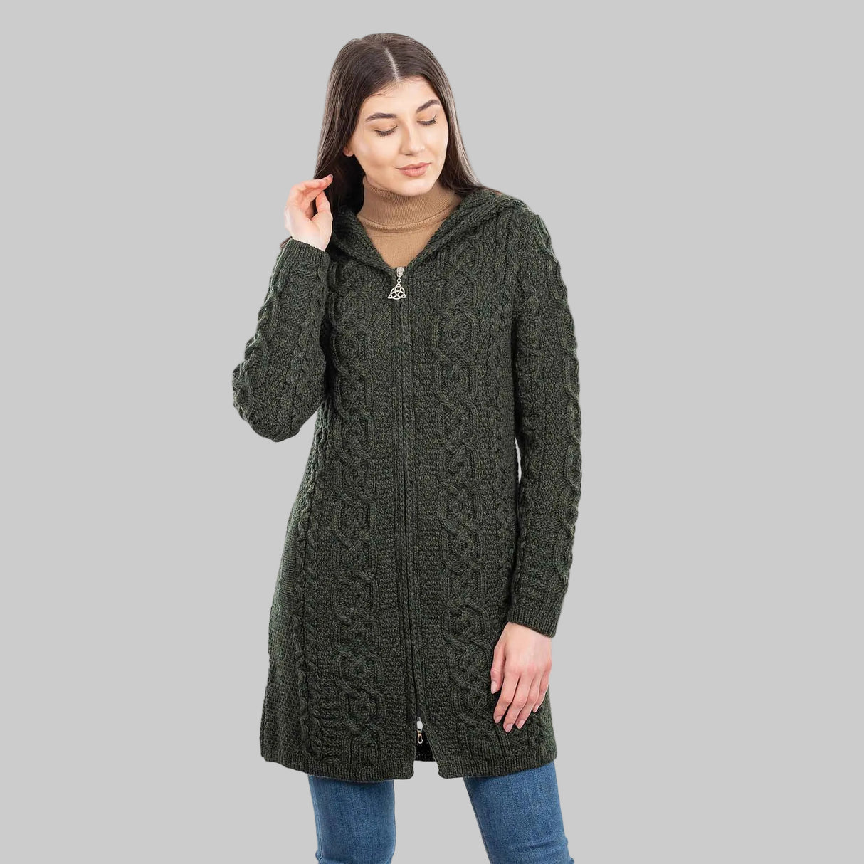 Women's Celtic Aran Knit Jacket, Army Green - Creative Irish Gifts