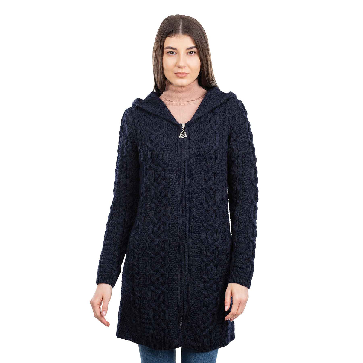 Women's Celtic Aran Knit Jacket, Navy - Creative Irish Gifts