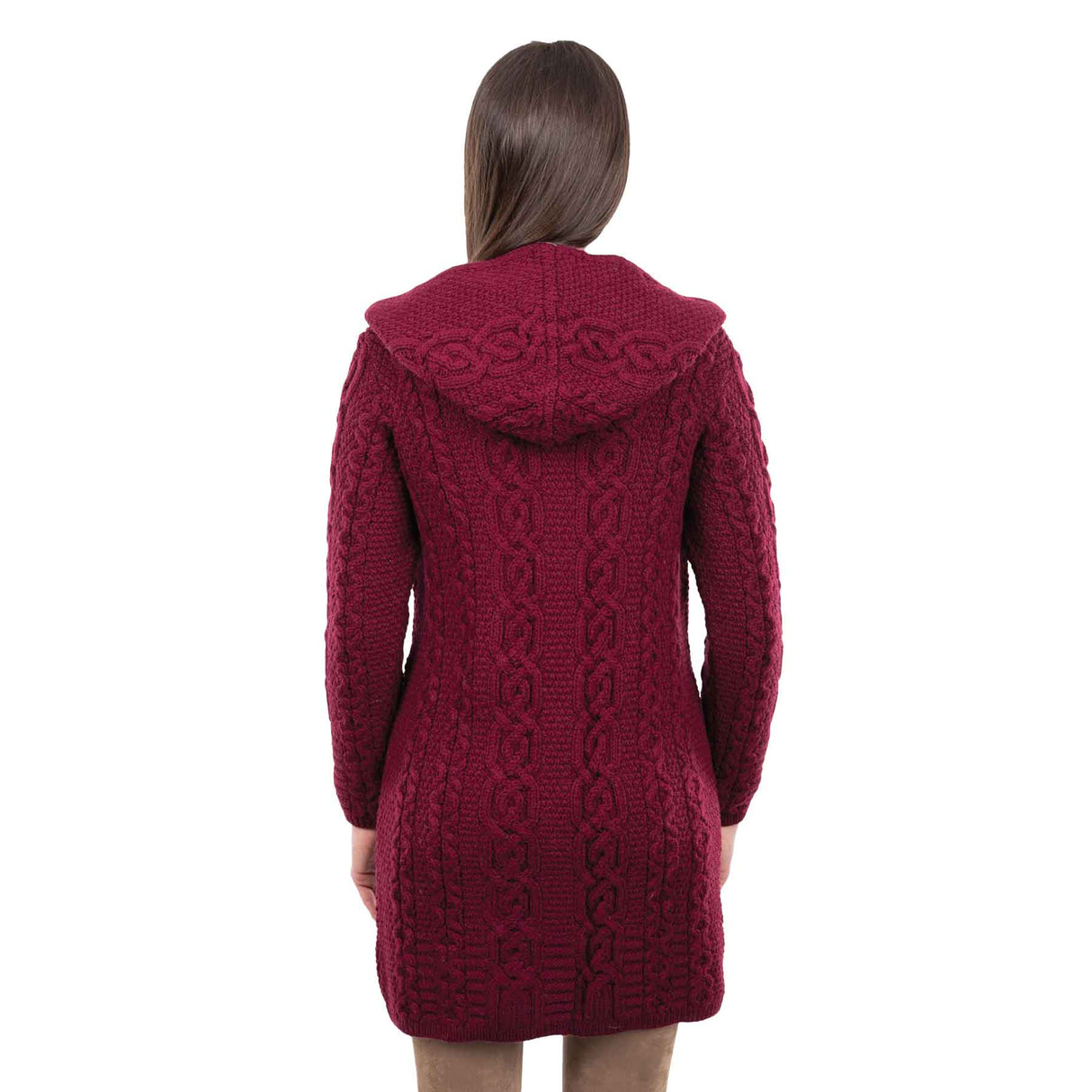 Women's Celtic Aran Knit Jacket, Wine - Creative Irish Gifts